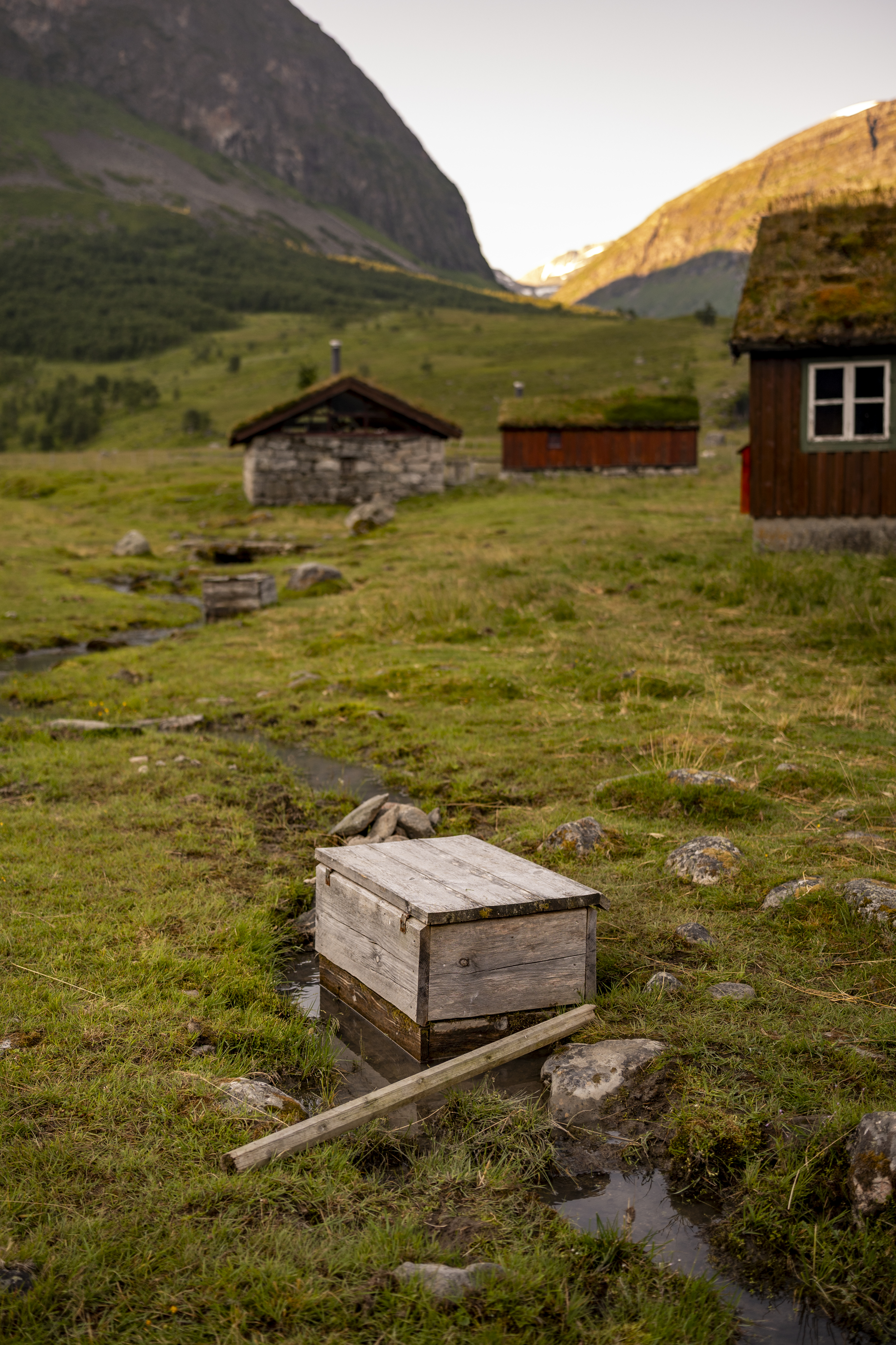 VANNBÅREN KJØLING: I Herddalen er det verken strøm eller dekning, man må klare seg med det naturen tilbyr. Langs de små elvene av med smeltevann er det derfor satt opp små kjølebokser, isvannet holder mat og drikke kaldt selv på glovarme sommerdager.  